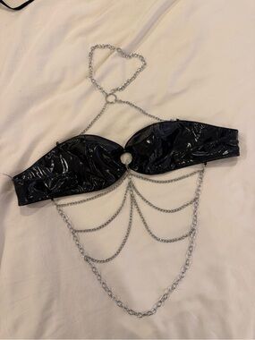 Black Vinyl Latex Chain Bra Top with Silver Chains